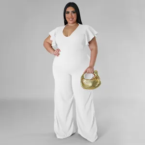 Eleganter weisser U-Ausschnitt Plus Size Jumpsuit mit Rüschenärmeln für Damen Mode.