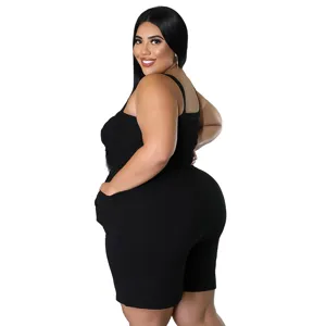 Plus size black sleeveless romper for women, casual summer solid color slim fit jumpsuit.