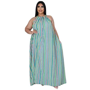 Robe Maxi Halter Rayée Colorée Grande Taille Casual Ample Style Américain Européen.