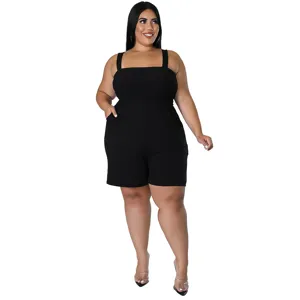 Plus size black square neck smocked romper casual summer shorts jumpsuit for women.
