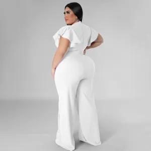 Plus Size weißer Jumpsuit mit Rüschenärmeln für Damen, elegante weite lange Hose top.