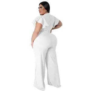 Grosse groessen weisser rueschenaermel jumpsuit mit weitem bein damen elegante kleidung