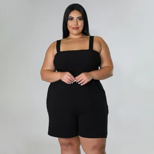 Detail view of black plus size smocked sleeveless romper, casual summer outfit.