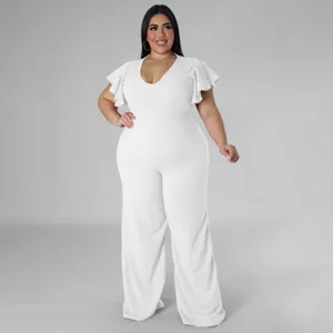 Plus Size einfarbiger weißer Jumpsuit mit V-Ausschnitt, Flatterärmeln und weitem Beindetail