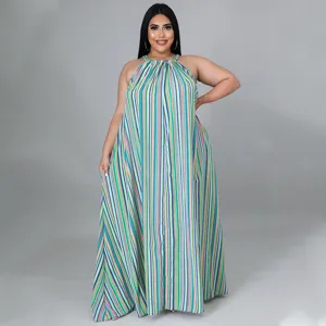 Grande Taille Robe Maxi Rayée Multicolore Halter Été Femme Ample Sans Manches Longue