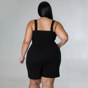 Solid black backless smocked romper for women, casual summer sleeveless short jumpsuit.