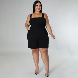 plus size black square neck sleeveless smocked romper casual summer jumpsuit with pockets