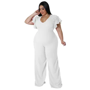 Plus Size weisser Jumpsuit mit weiten Beinen Volantärmeln eleganter V-Ausschnitt Damen