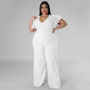 Weisses Rüschenärmel V-Ausschnitt weites Bein Jumpsuit Detailansicht Übergrösse Damen Mode