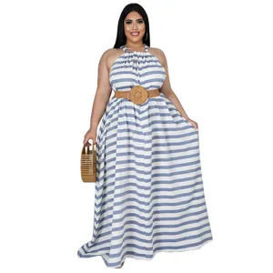 Robe longue maxi rayée bleu et blanc grande taille robe trapèze décontractée pour femmes