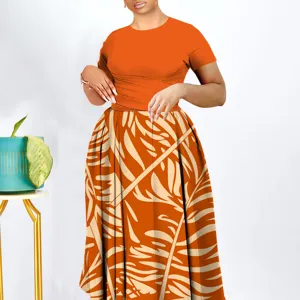 Plus size women orange short sleeve ruched top tropical print long dress outfits