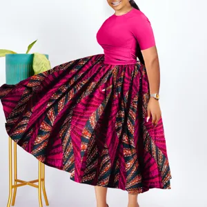 Women Plus Size African Ethnic Print Maxi Dress Short Sleeve Round Neck Pleated Big Swing Party Dress Polyester Spandex Fashionable Dress