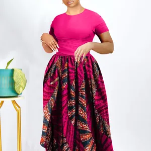Women fashion short sleeve round neck solid top african floral print swing midi dress casual
