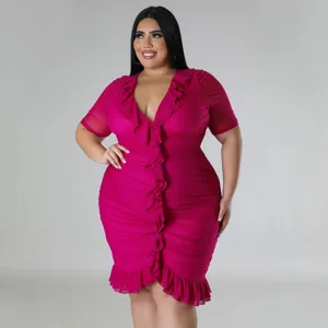 Plus size sexy hot pink mesh layered ruffle dress, elegant V-neck short sleeve dress