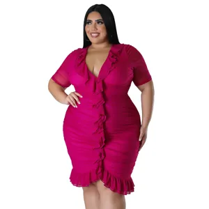 Plus Size Women Sexy V-Neck Ruffle Mesh See-Through Bodycon Short Sleeve Midi Dress
