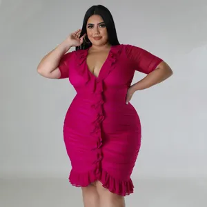 Plus size hot pink mesh ruffle dress for women, sexy V-neck short sleeve ruched bodycon dress.