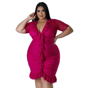 Plus size hot pink mesh ruffle V-neck dress detail view, elegant party clubwear outfit.