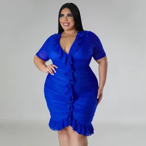 Plus size royal blue mesh ruffle v-neck sexy bodycon dress for women fashion party clubwear