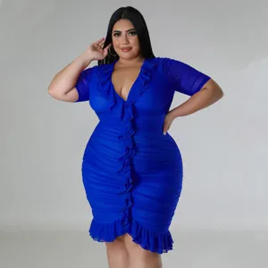 Plus size royal blue mesh ruffle dress, sexy V-neck short sleeve bodycon party cocktail dress.