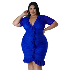 Plus size royal blue mesh dress featuring sheer short sleeves and elegant ruffled front design.