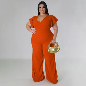 Plus Size orange Rüschenärmel Weites Bein Jumpsuit Detail Ansicht Passform Stil.