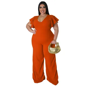 Plus Size orange V-Ausschnitt Rüschenärmel Weites Bein Jumpsuit für Damen Mode Outfit
