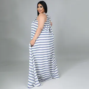 Robe longue maxi rayée bleu et blanc grande taille, robe longue sans manches ample décontractée.