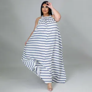 Robe longue maxi rayee bleu et blanc a halter pour femmes grande taille decontractee