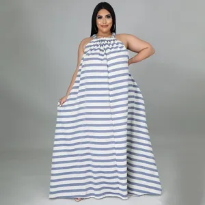 Robe longue maxi dos nu rayée bleu et blanc grande taille ample décontractée femme
