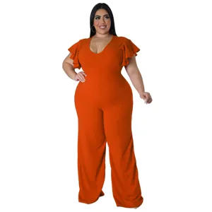 Grosse Groessen orange V-Ausschnitt Ruschenarm Weites Bein Jumpsuit Damen Mode Details