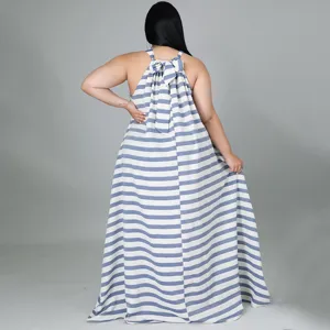 Robe Longue Maxi Rayée Bleu Blanc Grande Taille Dos Nu Décontractée Plage Pour Femme