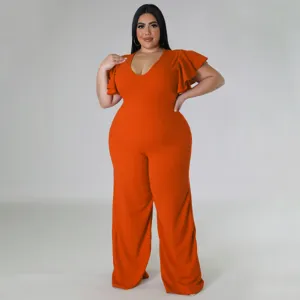 Übergrösse Damen Einfarbig V-Ausschnitt Rüschenärmel Weites Bein Jumpsuit Elegantes Outfit