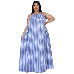 Grande Taille Robe Maxi Longue Bretelles Rayée Bleu Blanc Été Décontractée Femme