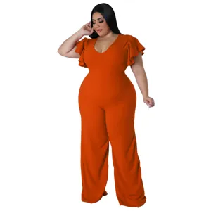 Plus Size Lässiger V-Ausschnitt Kurzarm Rüschen Weites Bein Jumpsuit Orange Damen.