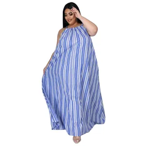 Grande taille robe longue licou à rayures bleu et blanc, robe longue ample sans manches.