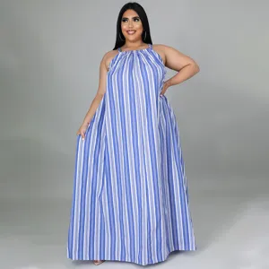 Robe longue maxi dos nu rayée bleu et blanc grande taille, robe décontractée ample pour femmes.