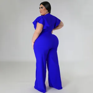 Eleganter blauer Jumpsuit in Übergröße mit Rüschenärmeln und weitem Bein für Damen