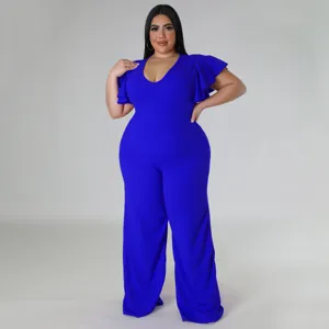Plus Size Königsblau Rüschenärmel Weites Bein Jumpsuit Detailansicht elegant und schick.