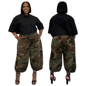 Pantalones Harem de Camuflaje para Mujer Tallas Grandes Cintura Elástica Bolsillos Linterna Jogger Holgado