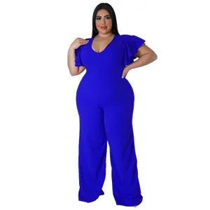 Eleganter Plus Size königsblau V-Ausschnitt Rüschenärmel weites Bein Jumpsuit Damen