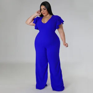 Große Größen königsblaue V-Ausschnitt Jumpsuit mit Flügelärmeln und weitem Bein.