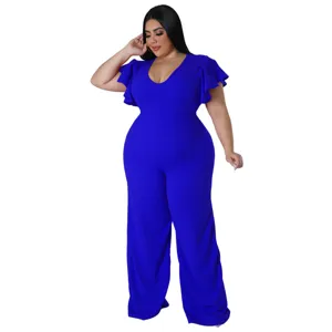 Plus Size königsblau V-Ausschnitt Rüschenärmel weites Bein Jumpsuit Detailansicht Damen Mode.