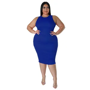Plus size sleeveless ribbed midi dress for women, solid color summer casual wear detail shot.