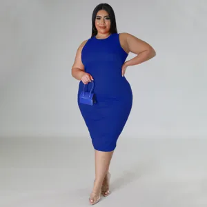 Plus size royal blue ribbed sleeveless midi dress for women, stylish casual summer wear.