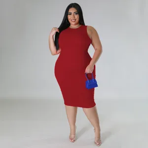 Plus size sleeveless solid color midi dress for women, casual summer daily wear fashion.