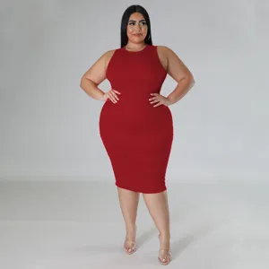 Plus size solid color red ribbed sleeveless midi dress detail view showcasing fit and fabric.