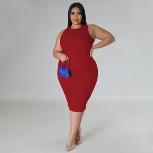Plus size sleeveless ribbed midi dress detail, solid color casual slim fit wear for women.