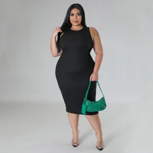 Women plus size black sleeveless rib knit midi dress, casual solid color fashion outfit.