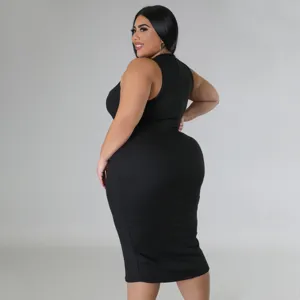 Plus size black sleeveless ribbed midi dress, casual solid color fashion summer wear