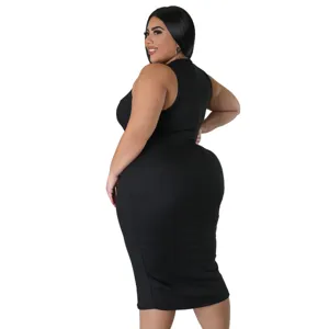 Plus size black sleeveless ribbed midi dress for women, elegant casual summer wear.
